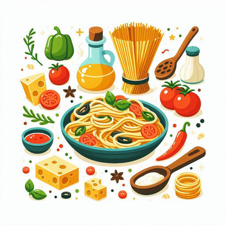 Spaghetti with tomato sauce, olives, cheese, herbs and spices. Italian cuisine. Vector illustrationのイラスト素材