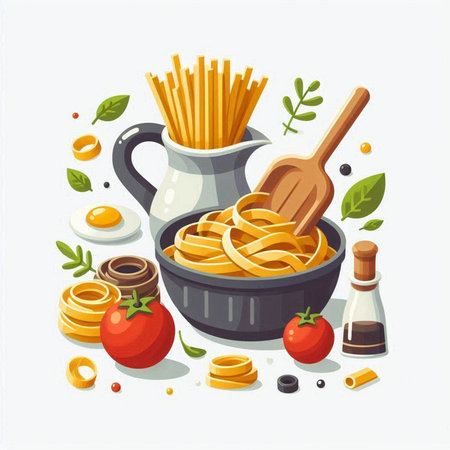 Italian food. Fettuccine pasta, tomatoes, olive oil, spices, salt and pepper. Vector illustrationのイラスト素材