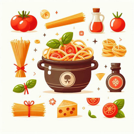 Italian pasta set. Vector illustration of spaghetti, tomato sauce, basil, parmesan cheese, parmesan and other ingredients.のイラスト素材