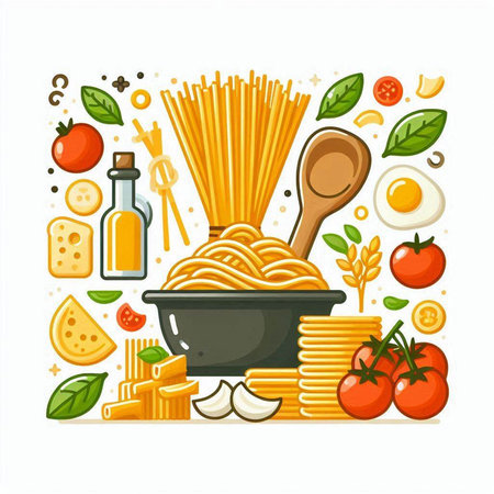 Spaghetti and ingredients for cooking. Italian food. Vector illustration.のイラスト素材