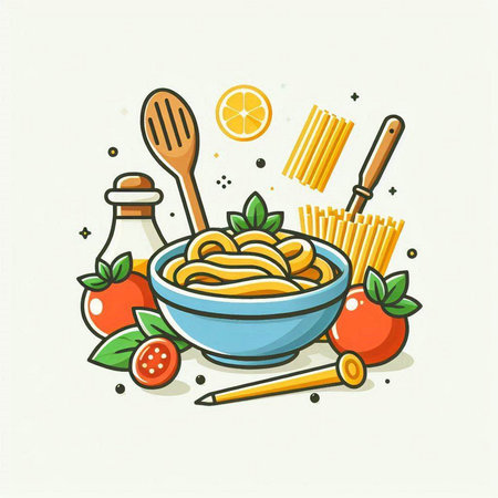 Illustration of a bowl of spaghetti with ingredients for cooking. Vector illustrationのイラスト素材
