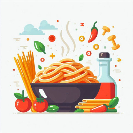 Spaghetti with tomato sauce and ingredients. Vector illustration in flat style.のイラスト素材