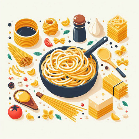 Spaghetti pasta in a frying pan and ingredients for cooking. Vector illustration.のイラスト素材