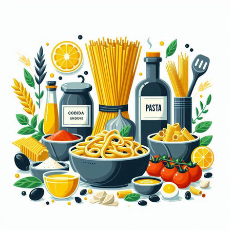 Italian food vector illustration. Pasta, olive oil, tomato, cheese, olives, parsley, garlic, olive oil.のイラスト素材