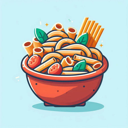 Bowl of pasta with tomatoes and basil, vector illustration in flat styleのイラスト素材