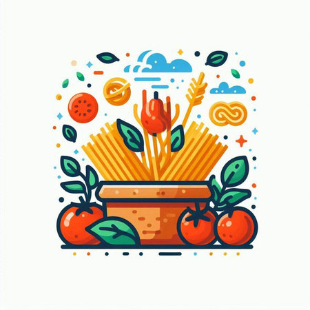Bowl of pasta with ingredients. Vector illustration in flat style.のイラスト素材