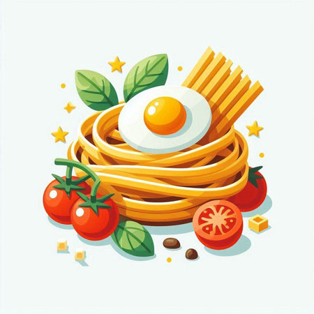 Pasta with fried egg, tomato and basil. Vector illustration.のイラスト素材