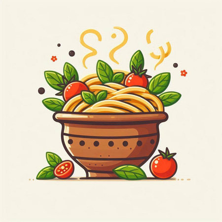 Pasta with tomato and basil in a clay bowl. Vector illustration.のイラスト素材