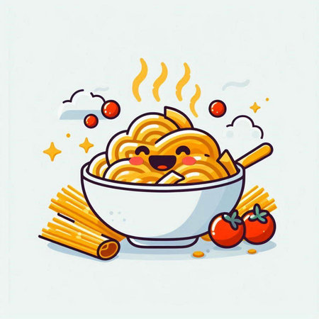 Cartoon illustration of a bowl of spaghetti in kawaii styleのイラスト素材