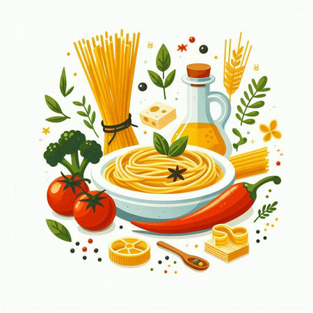 Spaghetti with tomato, cheese, herbs and olive oil vector illustrationのイラスト素材