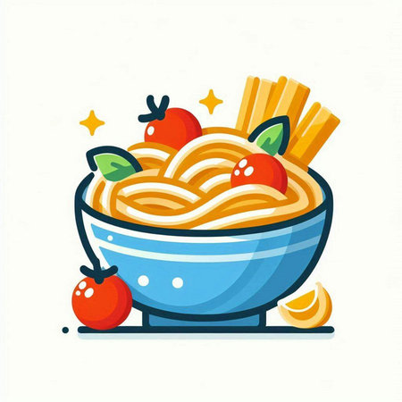 Vector illustration of a bowl of spaghetti with tomato sauce, pasta and cherry tomatoes.のイラスト素材
