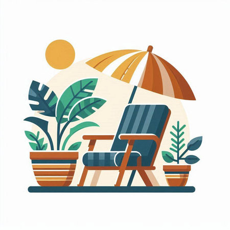 Beach chair with umbrella and plants. Flat style vector illustration.のイラスト素材