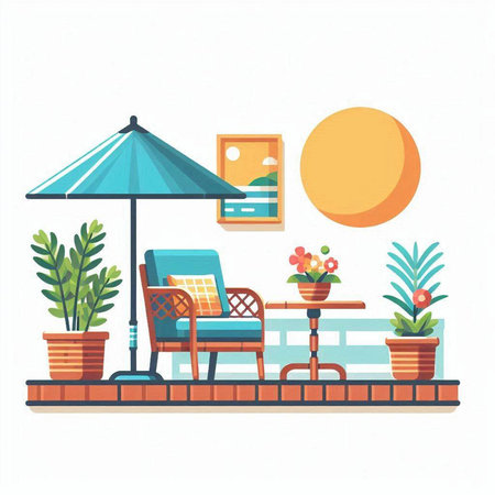 Vector illustration of a summer terrace with tables and chairs. Flat style.のイラスト素材