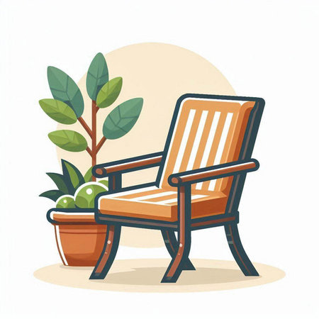 Wooden deck chair with a plant in a pot. Vector illustration.のイラスト素材