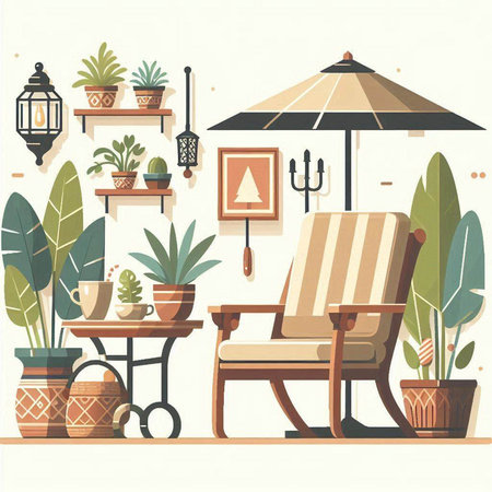 Vector illustration of a cozy living room with armchair, coffee table, plant pots and a lamp.のイラスト素材