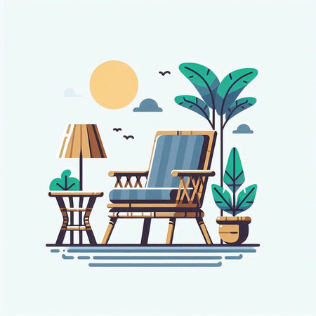 Vector illustration of a cozy armchair in the garden on a light backgroundのイラスト素材
