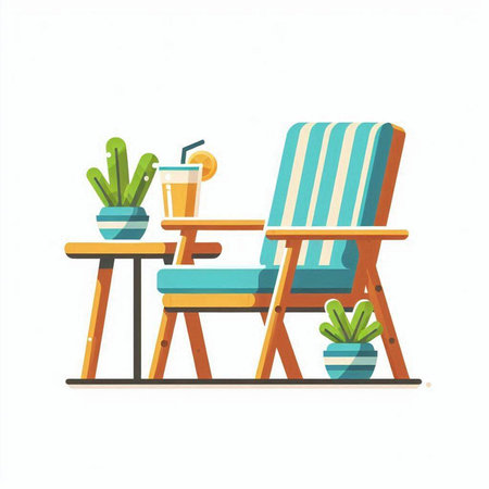 Wooden deck chair and table with drinks in flat style. Vector illustration.のイラスト素材