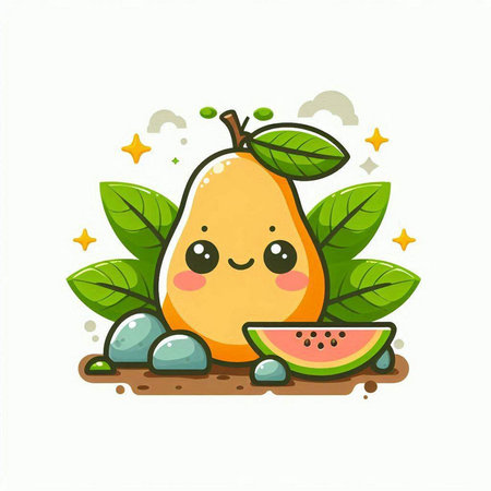 Cute kawaii pear fruit character. Vector flat cartoon illustrationのイラスト素材