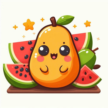 Funny kawaii watermelon character. Vector illustration isolated on white background.のイラスト素材