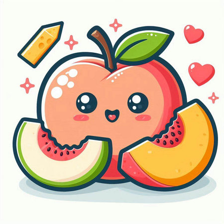Cute cartoon peach fruit character with slice of melon. Vector illustrationのイラスト素材