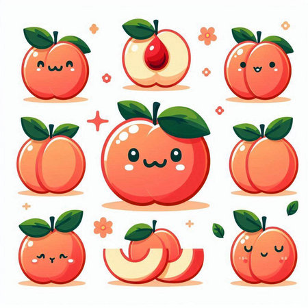 Set of cute cartoon peach fruit characters. Vector illustration isolated on white background.のイラスト素材
