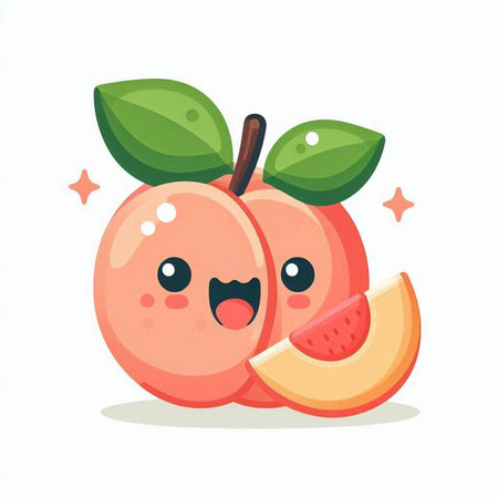 Cute peach fruit character with eyes and mouth. Vector illustration.のイラスト素材