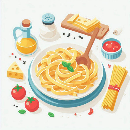 Spaghetti with tomato sauce, cheese, basil, olive oil and spices. Vector illustration.のイラスト素材