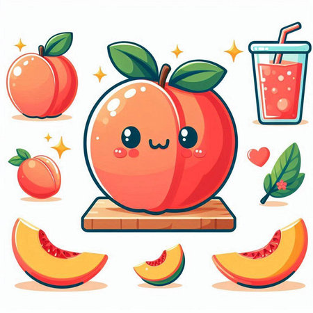 Cute peach fruit character with smoothie. Vector cartoon character illustration.のイラスト素材