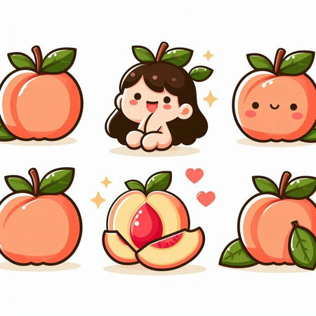 Illustration of a set of peach fruit characters with different facial expressionsのイラスト素材