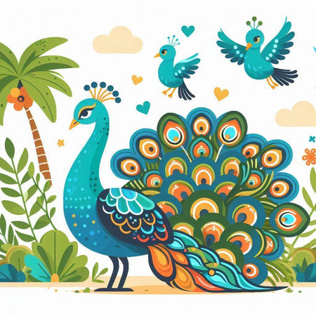 Peacock and birds on a background of palm trees. Vector illustration.のイラスト素材
