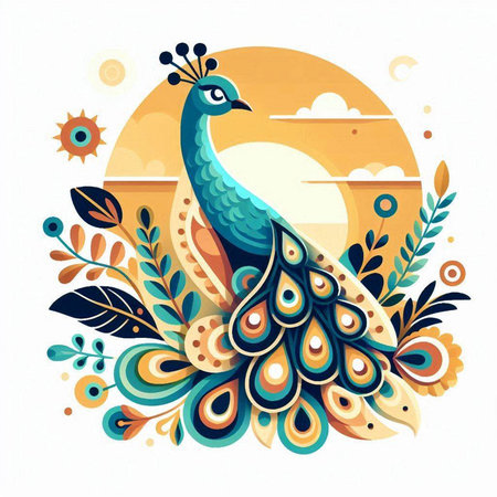 Peacock with sun and clouds in the background. Vector illustration.のイラスト素材