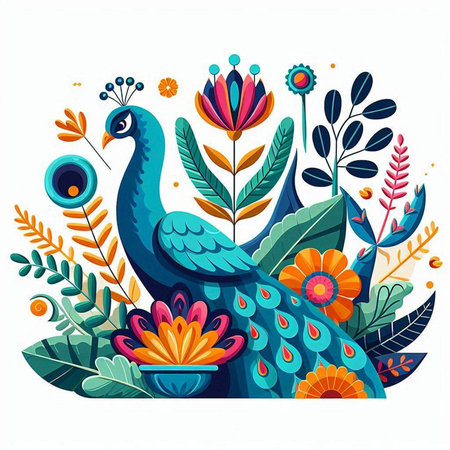 Colorful vector illustration of a beautiful peacock with flowers and leavesのイラスト素材