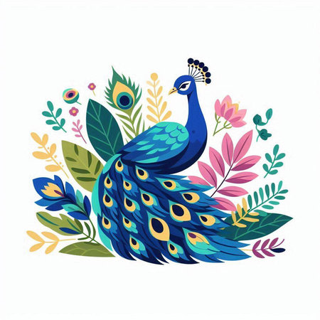 Peacock with floral ornament on white background. Vector illustration.のイラスト素材