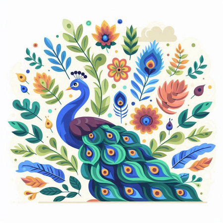 Peacock with flowers and leaves on white background. Vector illustration.のイラスト素材