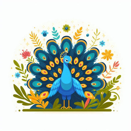 Peacock with colorful flowers and leaves. Vector illustration in cartoon style.のイラスト素材