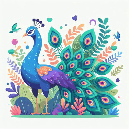 Peacock with flowers and butterflies. Colorful vector illustration.のイラスト素材