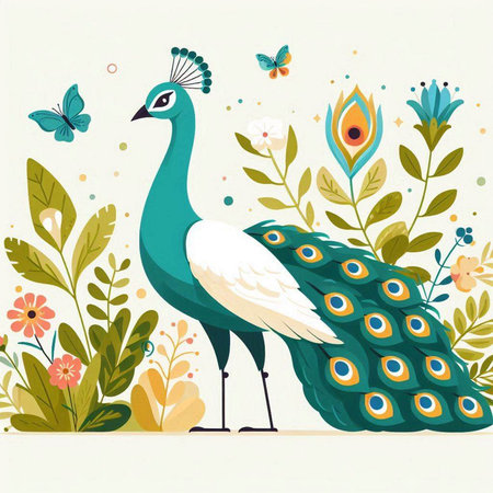 Peacock with flowers and butterflies. Vector illustration in flat style.のイラスト素材
