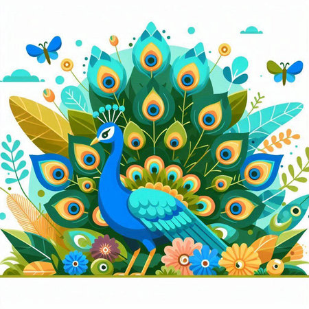 Beautiful peacock with flowers, leaves and butterflies. Vector illustration.のイラスト素材