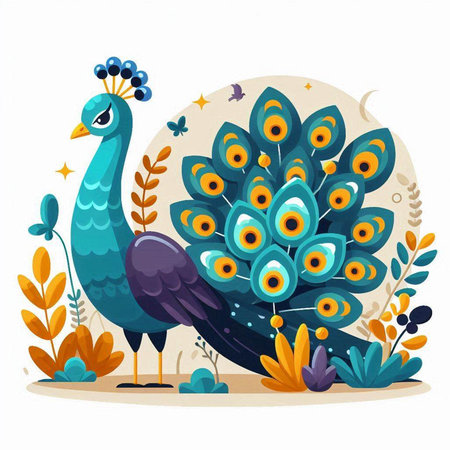 Peacock with flowers and leaves. Vector illustration in cartoon style.のイラスト素材