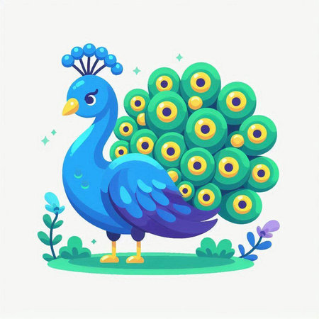 Peacock in the garden. Vector illustration in cartoon style.のイラスト素材