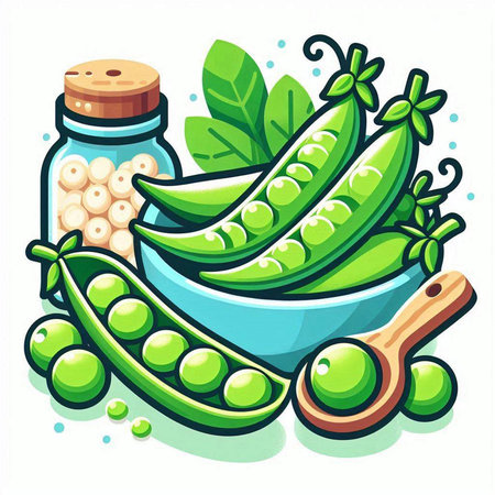 Peas in bowl and pea pods on white background. Vector illustration.のイラスト素材