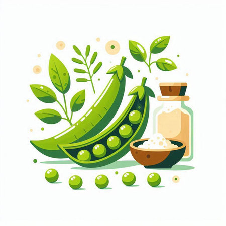 Green pea vector illustration. Pea pods with green leaves and a bottle of pea oil.のイラスト素材