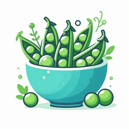 Green peas in a bowl. Vector illustration on a white background.のイラスト素材