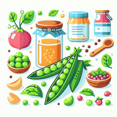 Vector illustration of fresh green peas, pea pods, pea jam, pea pods, glass jar, wooden spoon, spices, vegetables and herbs.のイラスト素材