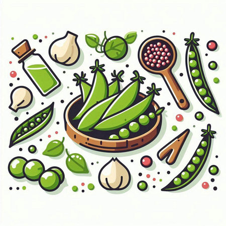 Vector illustration of fresh green peas in bowl with spices and herbs.のイラスト素材