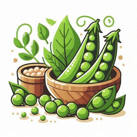 Pea pods in wooden bowl and wooden bowl. Vector illustration.のイラスト素材