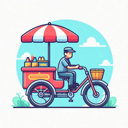 Street food. Vector illustration of a man riding a bicycle with a basket of food.のイラスト素材
