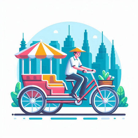 Man riding a tricycle in the city. Vector illustration in flat styleのイラスト素材