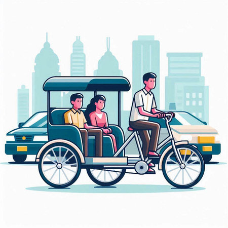 Vector illustration of a man riding a tricycle with his family.のイラスト素材