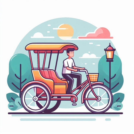 Man riding a tricycle in the park. Flat vector illustration.のイラスト素材